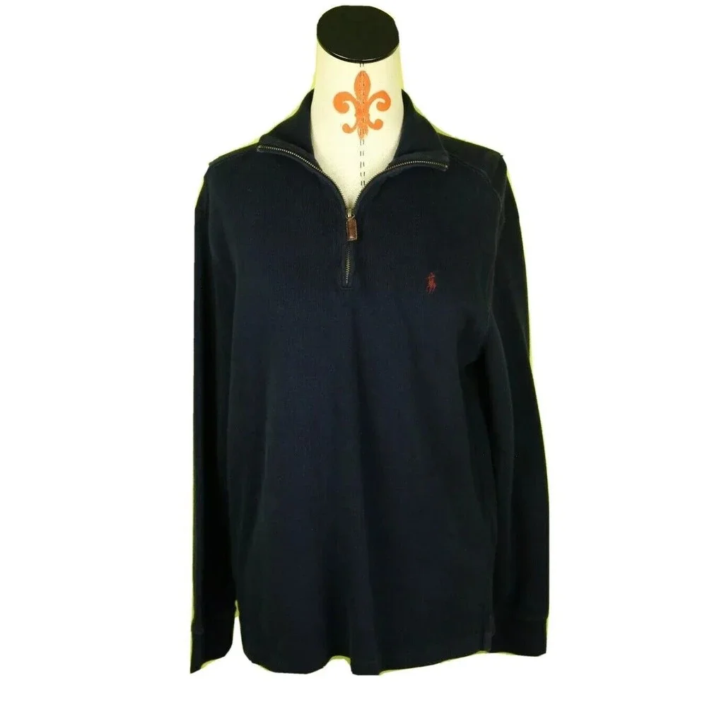 Polo Ralph Lauren Men’s Sz M 1/4 Zip Sweater Navy Blue Cotton Red Pony Logo